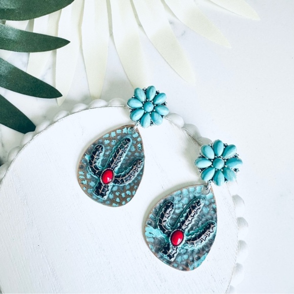 2/$30🌵 Patina Metal Cactus Earrings Faux Turquoise Red Stone Boho Southwestern